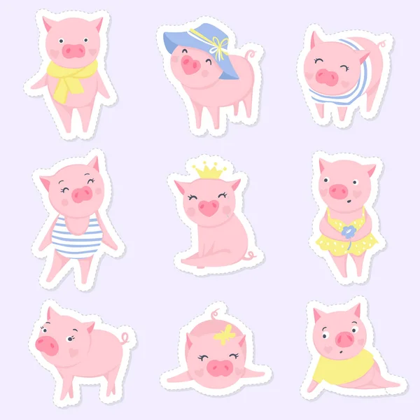 Mignon ensemble vecteur de cochons roses. Symbole de 2019 sur le calendrier chinois . — Image vectorielle