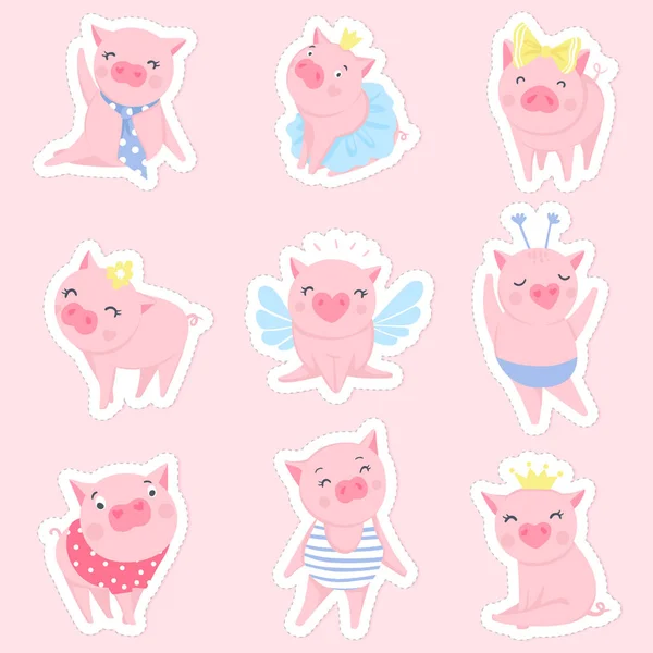 Lindo juego de vectores de cerdos rosa. Símbolo de 2019 en el calendario chino . — Archivo Imágenes Vectoriales