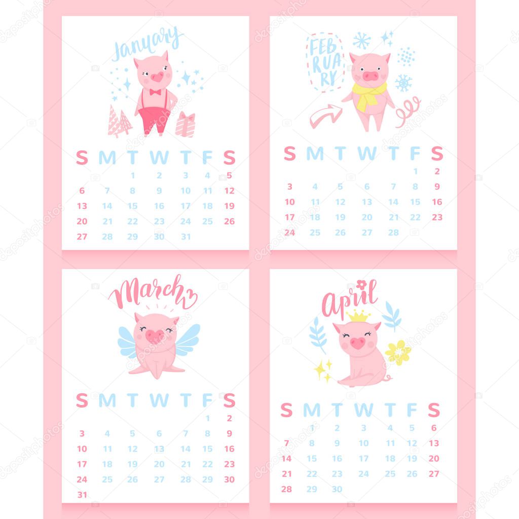 Cartoon calendar 2019 with cute pigs. january, february, march, april month.