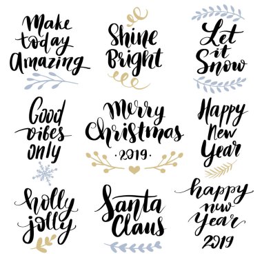 Mutlu Noeller ve mutlu yeni yıl 2019 vektör elle çizilmiş yazı ifadeler ayarla.