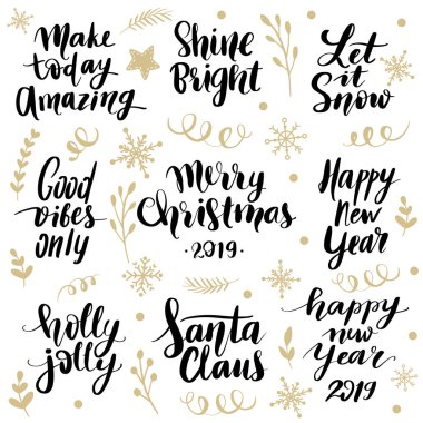 Mutlu Noeller ve mutlu yeni yıl 2019 vektör elle çizilmiş yazı ifadeler ayarla