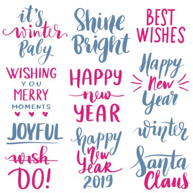 Mutlu Noeller ve mutlu yeni yıl 2019 vektör elle çizilmiş yazı ifadeler ayarla