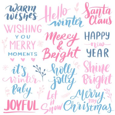 Mutlu Noeller ve mutlu yeni yıl 2019 vektör elle çizilmiş yazı ifadeler ayarla