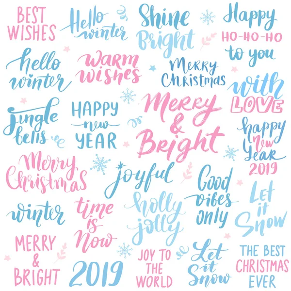 Set Feliz Navidad y Feliz Año Nuevo 2019 Vector frases de letras dibujadas a mano — Archivo Imágenes Vectoriales