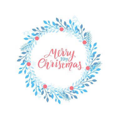 Neşeli Noel ve mutlu yeni yıl kartı vektör. Yaprakları ve dalları ile tatil çerçeve.