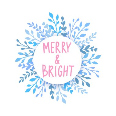 Neşeli Noel ve mutlu yeni yıl kartı vektör. Yaprakları ve dalları ile tatil çerçeve.