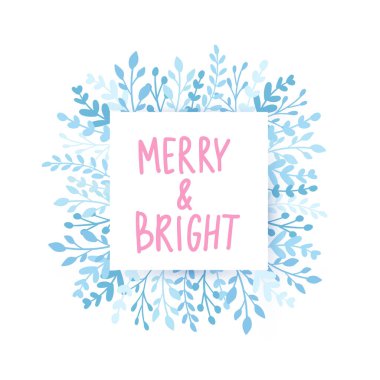 Neşeli Noel ve mutlu yeni yıl kartı vektör. Yaprakları ve dalları ile tatil çerçeve.