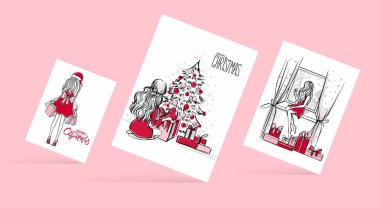 Neşeli Noel ve mutlu yeni yıl kartları vektör. Xmas illüstrasyon kız, hediye kutuları, Noel ağacı. Güzel kadın hediye paketini açmalısınız. Noel koleksiyon. Moda çizimler.