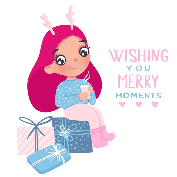 Feliz Navidad y Feliz Año Nuevo 2019 tarjeta vectorial. Niña. — Archivo Imágenes Vectoriales