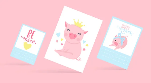 Lindas tarjetas vectoriales con cerdos divertidos. Ilustración de cerdo aislada en blanco . — Archivo Imágenes Vectoriales