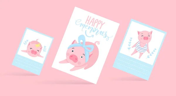 Lindas tarjetas vectoriales con cerdos divertidos. Ilustración de cerdo aislada en blanco . — Archivo Imágenes Vectoriales