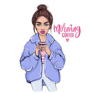 Vektör topuz saç modeli ile kız moda. El çekilmiş kahve ile şirin kız elinde.