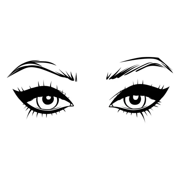 Vector Dibujado a mano hermosos ojos femeninos con largas pestañas negras y cejas . — Archivo Imágenes Vectoriales