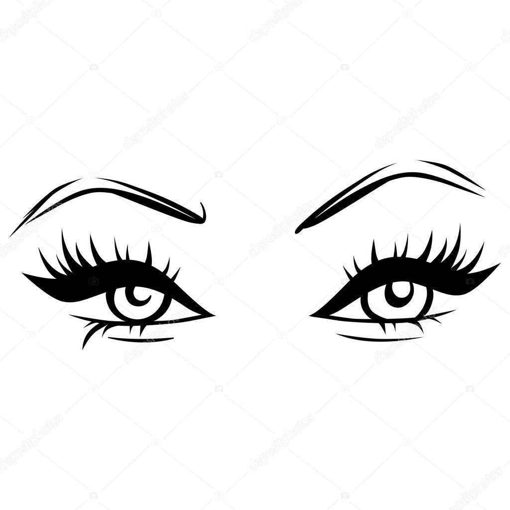 Vector Hand drawn beautiful female eyes with long black eyelashes and brows. Eyes close up. Makeup, beauty salon symbol. Black and white.