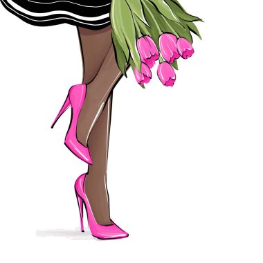 Yüksek topuklu vektör kız. Moda illüstrasyon. Ayakkabı kadın bacakları.