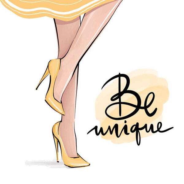 Vector girl in high heels. Fashion illustration. Female legs in shoes