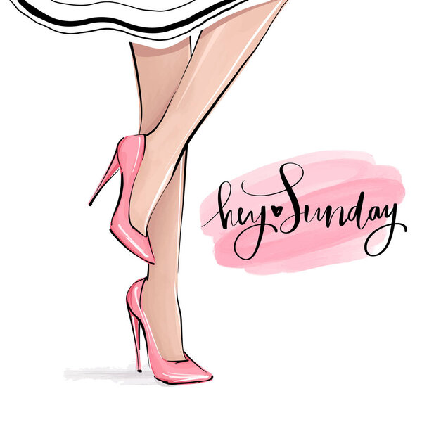 Vector girl in high heels. Fashion illustration. Female legs in shoes.