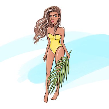 Vektör El çizilmiş güzel kız. Genç kadın mayo.