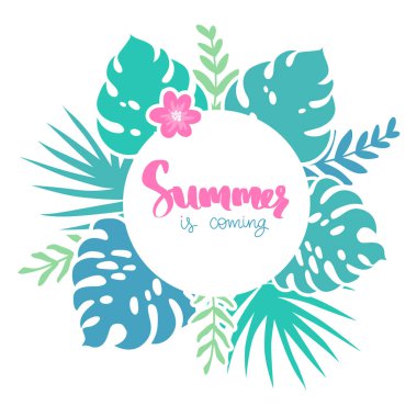 Tropikal yaprakları, çiçekleri ve harfleri olan vektör çerçevesi