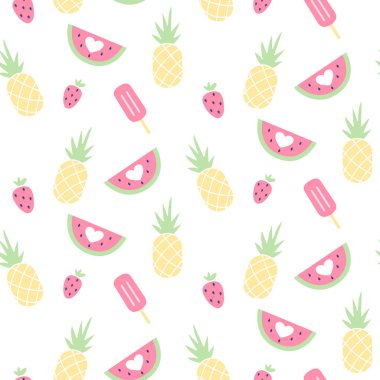 Karpuz, Çilek, dondurma ve ananas ile Vektör dikişsiz desen.