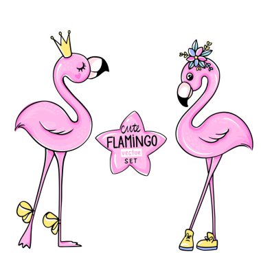 Pembe prenses flamingo ile Vektör yaz kartı. Trendy illüstrasyon.