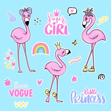 Vektör çıkartmalar sevimli Pembe flamingolar ve tırnak ile ayarlayın.