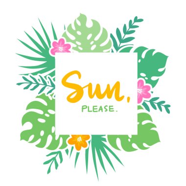 Tropikal yaprakları, çiçekleri ve harfleri olan vektör çerçevesi