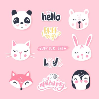 Vector set with cute cartoon animals - bear, panda, bunny, penguin, cat, fox. clipart