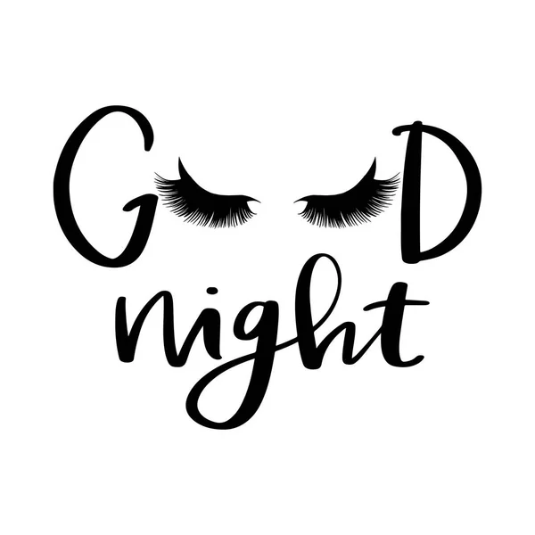 Vector Handwritten quote. Good night. Closed eyes. Long lashes. — Stock Vector
