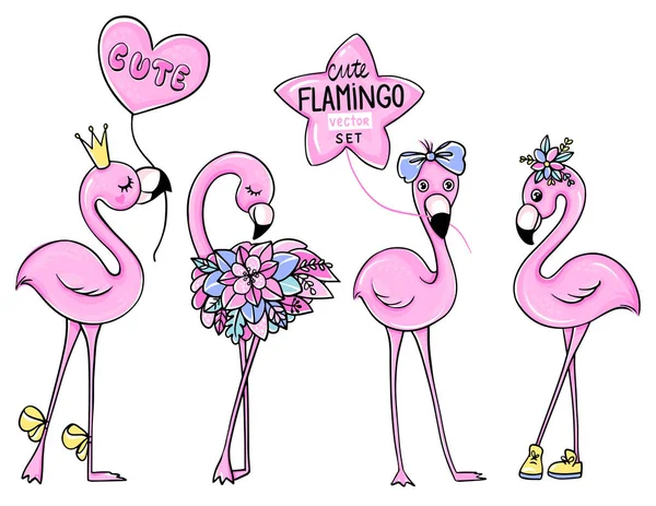 Vektor söt rosa flamingos set med krona och blommor. — Stock vektor
