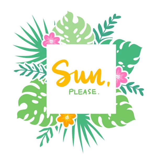 Tropikal yaprakları, çiçekleri ve harfleri olan vektör çerçevesi