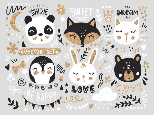 Vektör karikatür hayvanlar ile ayarlayın - tilki, ayı, panda, tavşan, penguen, kedi, sevimli ifadeler ve unsurları.