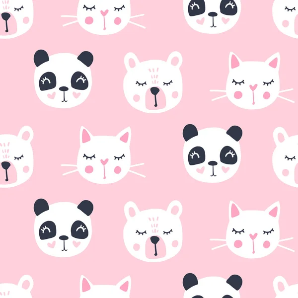 Niedliche nahtlose Muster mit Teddybär, Panda, Katze. Vektor Karikatur Tiere Hintergrund. — Stockvektor