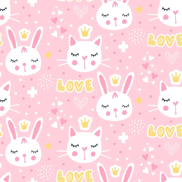 Vector seamless pattern with cute princess bunny. Pink background. — Stock Vector