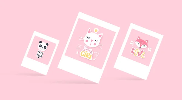 Vector set of cute greeting cards. Cartoon animals - panda, cat, fox — Stock Vector