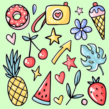 Güneş ve Eğlence. Ananas, çilek, kiraz, dondurma, karpuz, tropikal yaprak, limonata, çiçek, çörek.