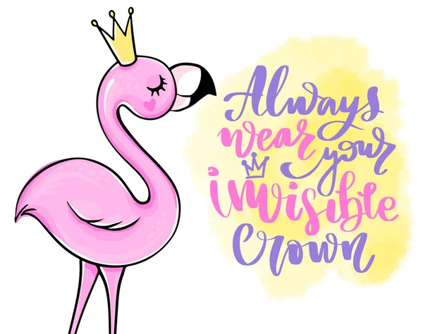 Cartão de verão vetorial com flamingo princesa rosa. Ilustração bonito . — Vetor de Stock