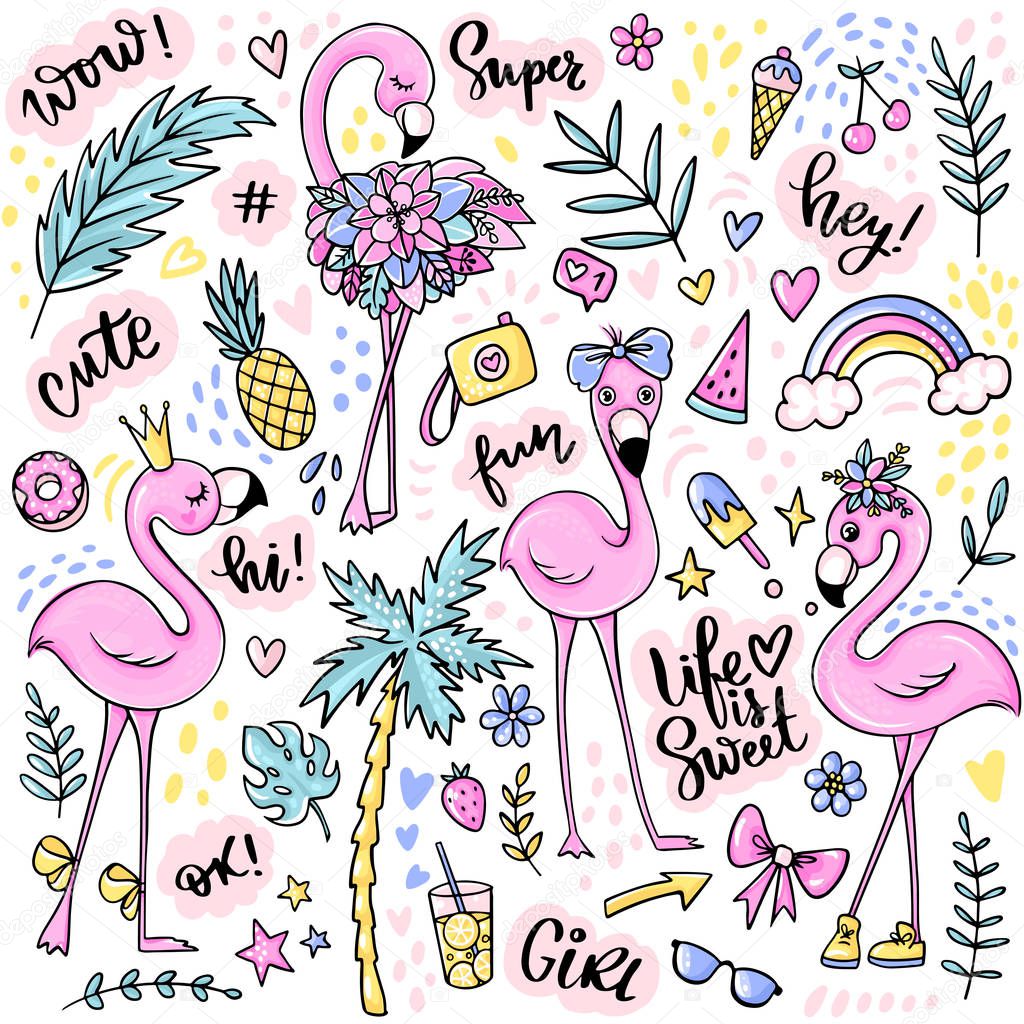 Cute summer stickers set with flamingos, ice cream, watermelon, pineapple, rainbow, lemonade, tropical leaves.