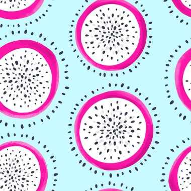 Vektör ejderha meyve dikişsiz desen. Pitaya veya Pitahaya arka plan. Egzotik el çizilmiş illüstrasyon.