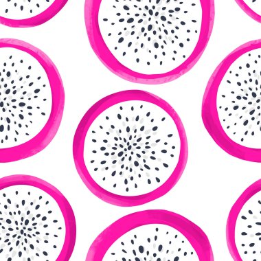Vektör ejderha meyve dikişsiz desen. Pitaya veya Pitahaya arka plan. Egzotik el çizilmiş illüstrasyon.