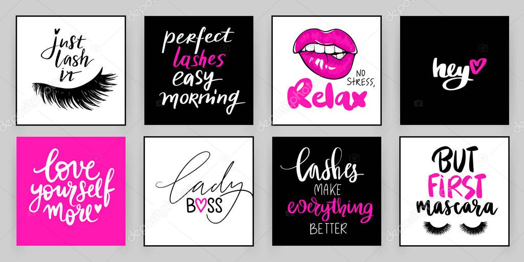 Vector fashion posters with positive quotes about lashes, makeup, lady boss.