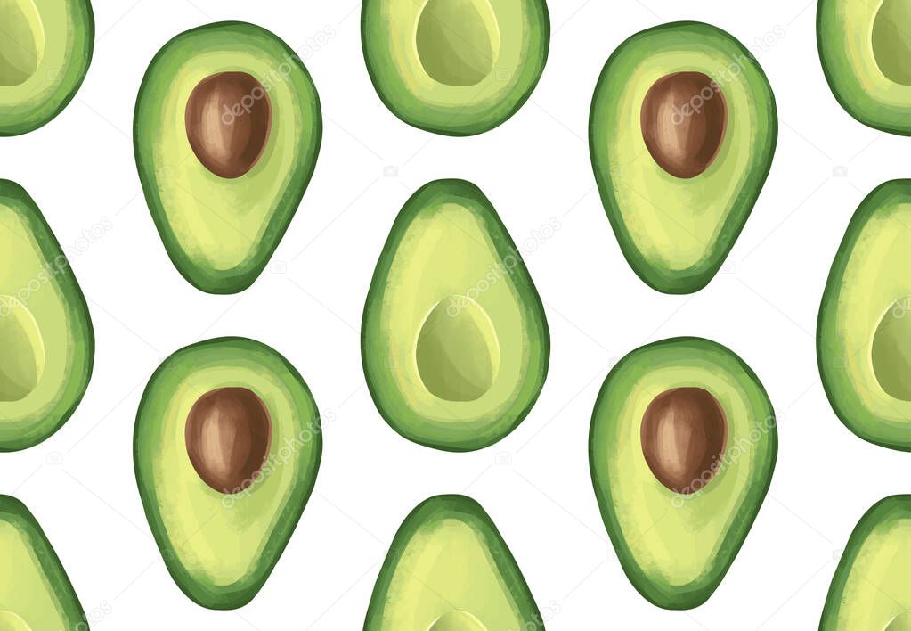 Vector seamless pattern with avocado. Tropical background with exotic fruit.