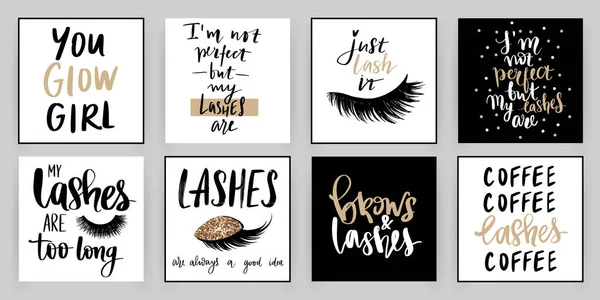 Ställ med mode kort med inspiration citat om tjejer, fransar, makeup. — Stock vektor