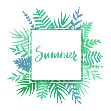 Tropikal yapraklı, çiçekli ve harfli bir çerçeve. Metniniz için renkli botanik illüstrasyon.