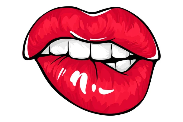 Sexy lips, bite ones lip. Lips Biting. Female lips with fuchsia lipstick. — Stock Vector