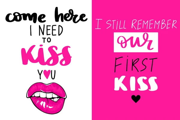 Sexy Lippen, beißen eine Lippe. Modekarten. Zitate über Küsse. weibliche Lippen mit Fuchsia-Lippenstift. — Stockvektor