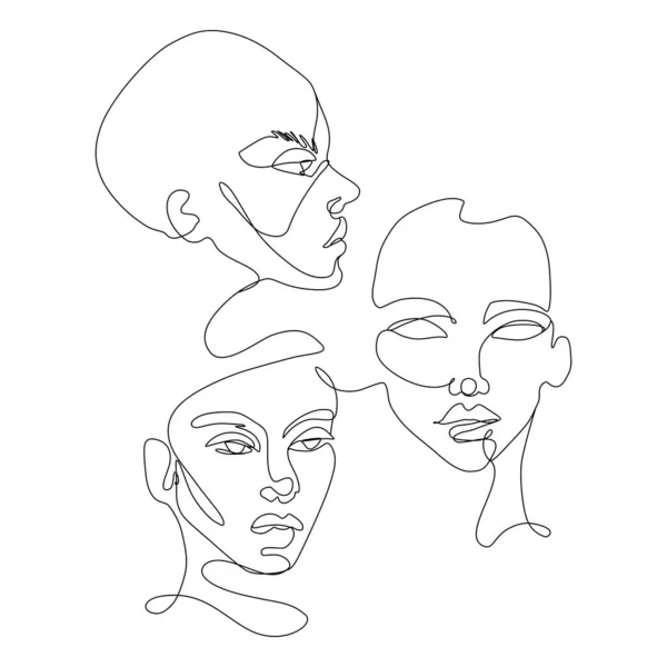 Dessin vectoriel en ligne continue. Ensemble de silhouettes de visages. Portrait abstrait . — Image vectorielle