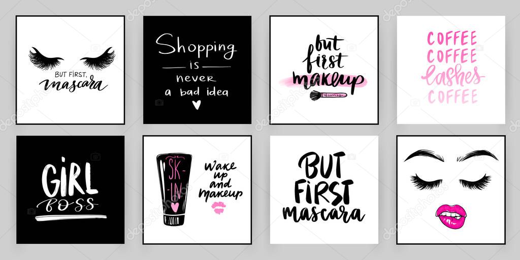 Set with fashion cards with inspiration quote about girls, lashes, makeup.