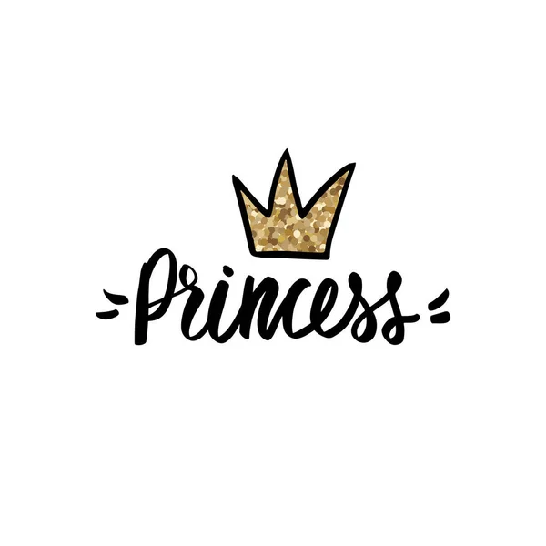 Prinsessa bokstäver, gyllene glitter krona. Typografiskt tryck för barn eller spädbarn. Sparkle Handskrift Kalligrafi fras — Stock vektor