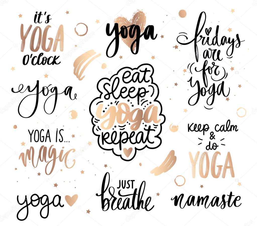 Yoga golden quotes collection. Slogan set about calm, breath, meditation.
